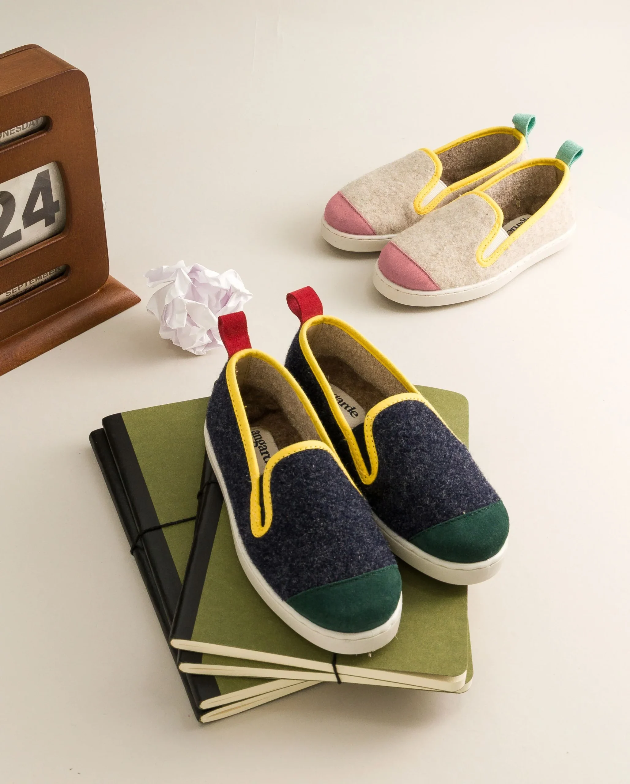 Duo chaussons laine enfant, play beige / marine – Image 2